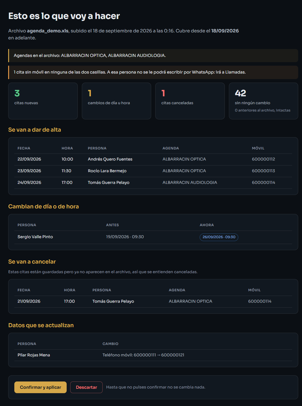 Pantalla que enseña las citas nuevas, los cambios y las canceladas antes de confirmar