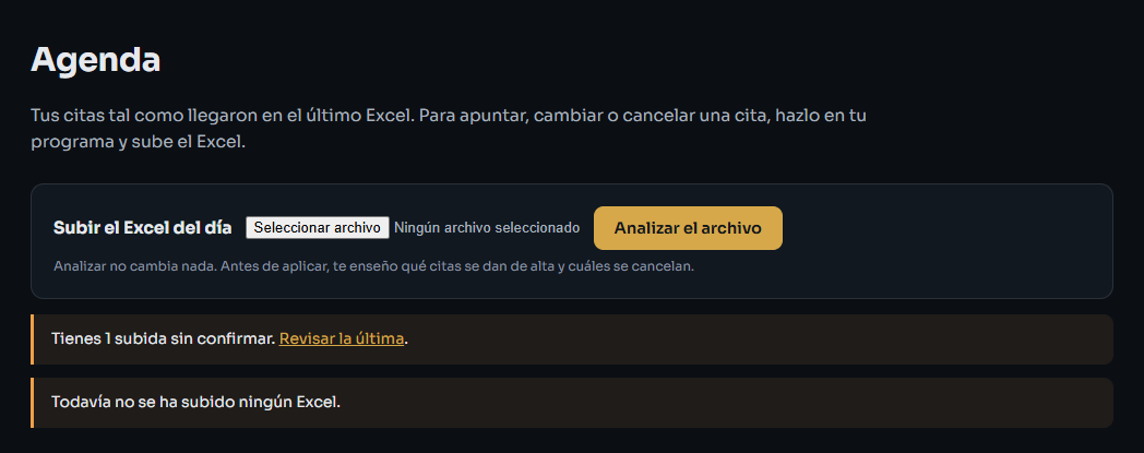 Pantalla de Agenda con el botón de subir el Excel del día