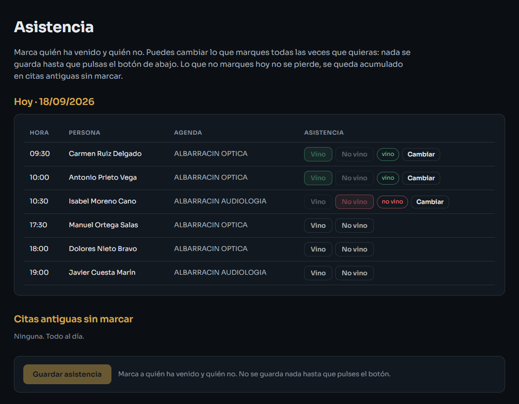 Pantalla de Asistencia con los botones Vino y No vino